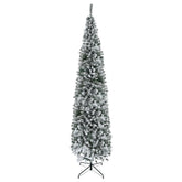 HOMCOM 9ft Flocked Christmas Tree, Pencil Artificial Xmas Tree with Faux Snow, Dense Branches, Foldable Metal Base for Indoor Holiday Decor