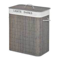 HOMCOM Bamboo Laundry Basket with Lid and String Handles, Collapsible Laundry Hamper with 2 Removable Bags, Gray