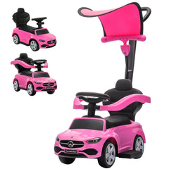 Qaba 3 in 1 Toddler Push Car Licensed Benz with Push Handle, Guardrails, Canopy, Horn, Music, Storage for 18-36 Months, Pink