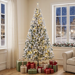 HOMCOM 7.5ft Flocked Prelit Christmas Tree, Fraser Fir, Hinged Xmas Tree with LEDs, Foldable Metal Base, Green White