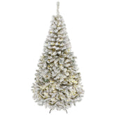 HOMCOM 7.5ft Flocked Prelit Christmas Tree, Fraser Fir, Hinged Xmas Tree with LEDs, Foldable Metal Base, Green White