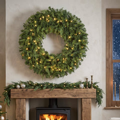 HOMCOM 48" Prelit Crestwood Spruce Artificial Christmas Wreath, Christmas Decor with Bow, LEDs, 8 Modes, Realistic Tips
