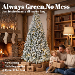HOMCOM 6ft Flocked Prelit Christmas Tree, Fraser Fir, Hinged Xmas Tree with LEDs, Foldable Metal Base, Green White