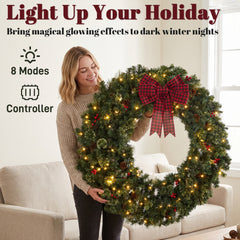 HOMCOM 48" Prelit Crestwood Spruce Artificial Christmas Wreath, Christmas Decor with Bow, 8 Modes, Red Berries, Pinecones