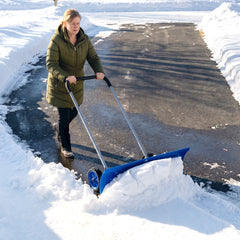 Outsunny 37-Inch Extra Wide Snow Shovel with Wheels, Heavy Duty Aluminum Snow Pusher with Ergonomic Adjustable Handle, Blue