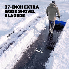Outsunny 37-Inch Extra Wide Snow Shovel with Wheels, Heavy Duty Aluminum Snow Pusher with Ergonomic Adjustable Handle, Blue