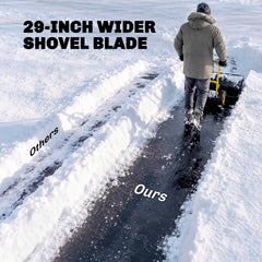 Outsunny Snow Shovel with Wheels, 29" Metal Snow Pusher with Adjustable Handle, 7-Angle Blade, Wear Strip for Driveway, Yellow