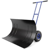 Outsunny Snow Shovel with Wheels, 29" Metal Snow Pusher with Adjustable Handle, 7-Angle Blade, Wear Strip for Driveway, Blue