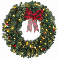 HOMCOM 36" Prelit Crestwood Spruce Artificial Christmas Wreath, Christmas Decor with Bow, 8 Modes, Red Berries, Pinecones