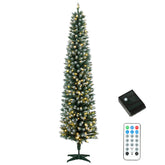 HOMCOM 8ft Pencil Prelit Christmas Tree, Dual Color LEDs, Flocked, Remote, Slim Xmas Tree with 11 Modes, Green White