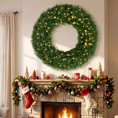HOMCOM Christmas Decoration, 48 in Pre-Lit Norfolk Pine Artificial Christmas Wreath with 150 LED Lights, Green