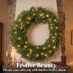 HOMCOM Christmas Decoration, 36 in Pre-Lit Norfolk Pine Artificial Christmas Wreath with 100 LED Lights, Green