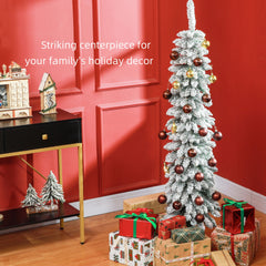 HOMCOM 5' Tall Unlit Slim Pencil Xmas Tree, Snow-Flocked Artificial Christmas Tree with Realistic Branches and 301 Tips, Green