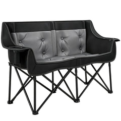 Outsunny Heated Double Camping Chair, Oversized Folding Padded Camp Loveseat Couch with 3 Heat Levels and 4 Heating Zones