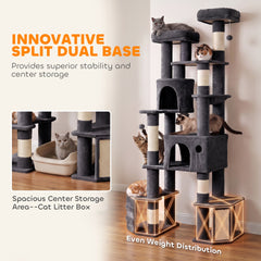 PawHut 79" Extra Large Cat Tree Tower with Dual Baseboard for Large Adult Big Cats, Dark Gray