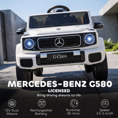Qaba Licensed Mercedes-Benz G580 12V Kids Ride On Car with Remote, Soft Start, Headlights, Seat Belt, Music, USB, Horn, White