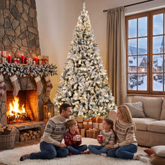 HOMCOM 9ft Flocked Prelit Christmas Tree, Fraser Fir, Hinged Xmas Tree with LEDs, Foldable Metal Base, Green White