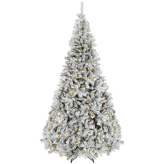 HOMCOM 9ft Flocked Prelit Christmas Tree, Fraser Fir, Hinged Xmas Tree with LEDs, Foldable Metal Base, Green White