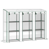 Outsunny 84.6" x 18.1" x 56.7" Lean-to Mini Greenhouse, 3-Tier Shelves, 3 Roll-Up Doors, PE Cover, White
