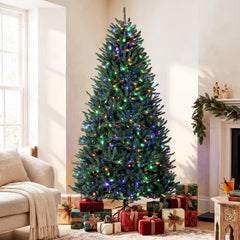 HOMCOM 9ft Prelit Christmas Tree, Colorado Blue Spruce, Easy Plug, Hinged Xmas Tree with Warm White & Multi-Color LED Lights
