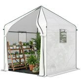 Outsunny Walk-in Greenhouse, 63" x 63" x 78.7", Roll-Up Door, 3 Mesh Windows, PE Cover, Steel Frame, White