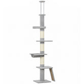 PawHut 90.6" -102.4" Floor-to-Ceiling Cat Tree Adjustable Height with 3-Rod Support, 5-Level Cat Tower, Light Gray