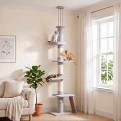 PawHut 90.6" -102.4" Floor-to-Ceiling Cat Tree Adjustable Height with 3-Rod Support, 5-Level Cat Tower, Light Gray