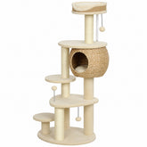 PawHut 52" Cat Tree, Cat Tower with Handwoven Cattail Condo, Bed, Platforms, 3 Scratching Posts and 3 Toy Balls