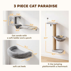 PawHut 3-In-1 Cat Wall Shelves with Condo, Bed, Hammock, Scratching Post and Spring Ball, Gray
