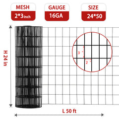 24inch x 50ft Black Vinyl Coated Hardware Cloth 2" X 3" 16Ga Welded Wire Mesh fence, PVC Coated Welded Chicken Wire Fencing, Metal Garden Plant Fencing, for Chicken Coop and Home Improvement