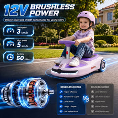Qaba 12V Electric Wiggle Car with Convertible Steering Wheel Pull Handle, 2 Speed, Music, Lights for 3-5 Years, Purple, Light Pink, Black
