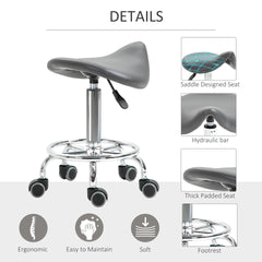 HOMCOM PU Leather Adjustable Stool, Rolling Saddle Stool with Wheels for Massage, Spa, Clinic, Beauty and Tattoo, Gray