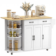 HOMCOM 53" Kitchen Island with Power Outlet and Drop Leaf, Kitchen Cart on Wheels with 360° Rotating Rack, White