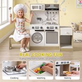Qaba Play Kitchen Set for Kids, 2-in-1 Convertible Table and Chair Set, Kitchen Playset with Sink, Oven, Accessories for 3-8