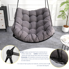 Hammock Chair Swing with Cushion - Outdoor Indoor Hanging Hammock Chair for Patio, Porch, Bedroom, Garden, Courtyard, Balcony - Sturdy Steel Bar with Anti-Slip Safety Rings, Gray