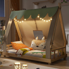 Twin Size House Bed with Tent and Light,White