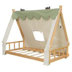 Twin Size House Bed with Tent and Light,White