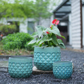Handmade Ceramic Planter Pots Set of 3, Vintage Turquoise Diamond Embossed Textured Flower Pots with Drainage Hole, 14/12/8 Inch Breathable Clay Plant Containers for Indoor Outdoor, Succulents & Garde