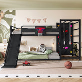 Full size metal loft bed with basketball hoop, pull-up rings, climbing wall, and built-in bookshelves. Playful children's design featuring a slide,Black