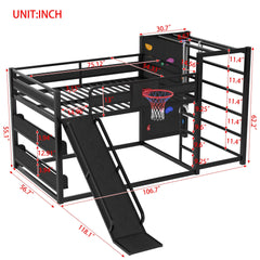 Full size metal loft bed with basketball hoop, pull-up rings, climbing wall, and built-in bookshelves. Playful children's design featuring a slide,Black