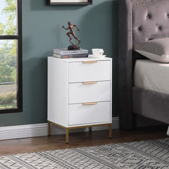 Nightstand with 3 Drawers,Mid-Century Modern End Table,Bedside Table, Gold Metal Legs,Gold Metal Handles,Wavy Drawer PanelsEnd Table for Bedroom White
