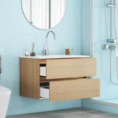 32-Inch Wall-Mounted Bathroom Vanity with Double Drawers, Soft-Close System,Ceramic Sink,No Handle Design,Solid Wood,Easy to Install,The Faucet Is Not Included,Natural