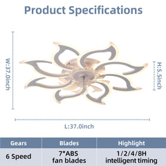 37In White Ceiling Fan with Lights, Remote Control 3 Color Temperatures,6 Gear wind Speed Fan Light