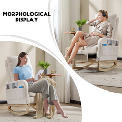 Breastfeeding High Back Teddy Fleece Glider, Nursery Rocker w/ Curved Wood Base, Side Pocket & Detachable Footrest, Ergonomic Chair Relieves Back Soreness for Moms Feeding, Napping & Lounge, White.