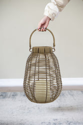 7.9x7.9x10.6" Brown Poly Rattan Lantern With White LED Candle