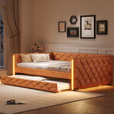 Full XL Size Upholstered Daybed with Trundle and LED, Brown