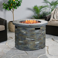 Outdoor 35" Lightweight Concrete Round Propane Fire Pit - 40,000 BTU, Natural Stone (Tank Inside)