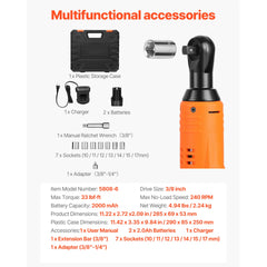 Cordless Ratchet Wrench, 3/8 inch Drive, 240 RPM, up to 33 ft-lbs of Torque, Battery Powered Electric Ratchet Wrench Set with Two 2.0Ah Batteries, Charger, Sockets, Adaptor and Extension Bar