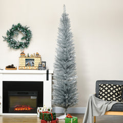 HOMCOM 7ft Unlit Pencil Artificial Christmas Tree with Realistic Branches and 499 Tips, Plastic Base, Silver