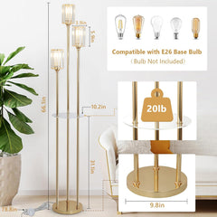 Gold Floor Lamps for Living Room, Modern Floor Lamp with Shelves, Crystal Standing Lamps with Table, Brass Tall Lamp with Crystal Shade, On/Off Switch, Mid Century Corner Floor Lamp for Bedroom